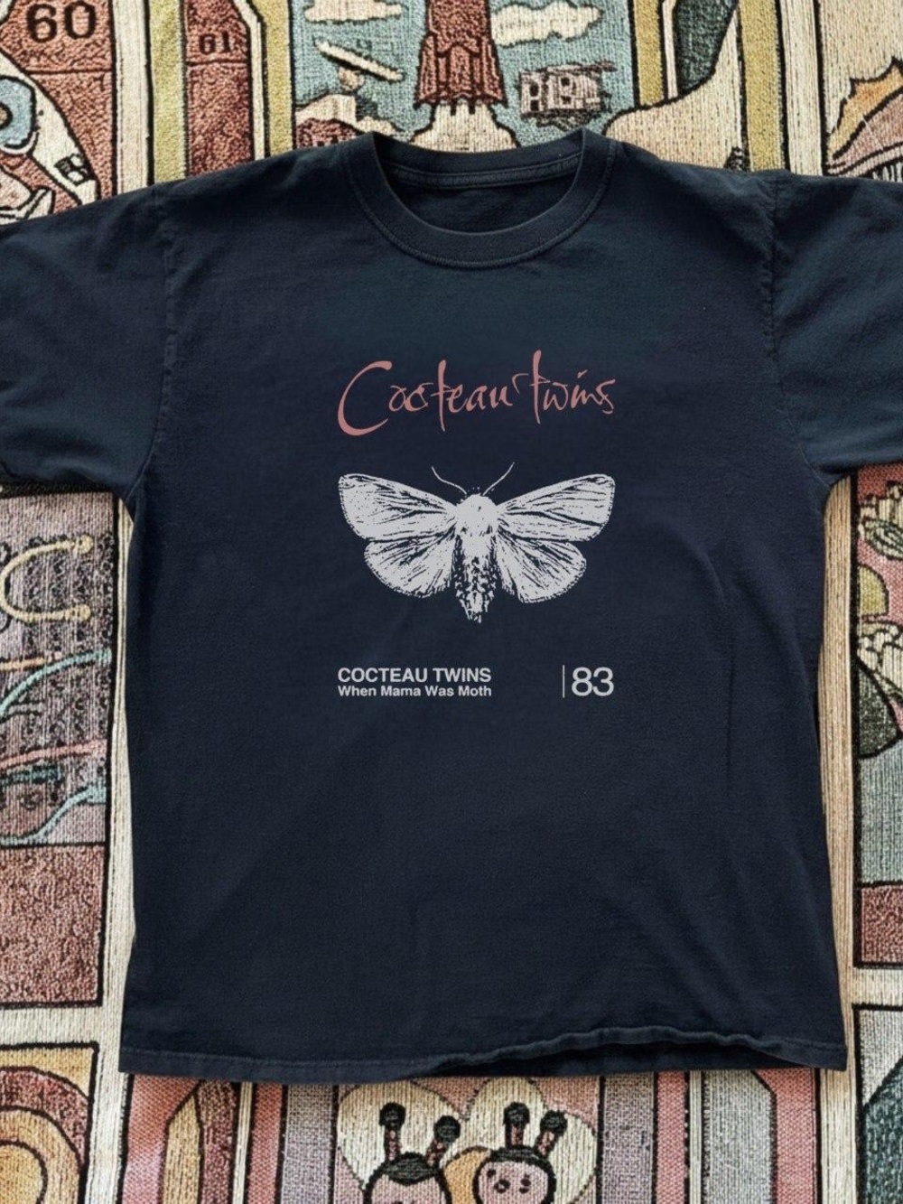 Gildan Black Short Sleeve Tee with Pink Script & White Moth Graphic